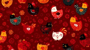 红色背景可爱鸡与猫图案