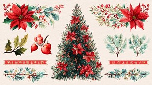圣诞装饰花卉与树木图案