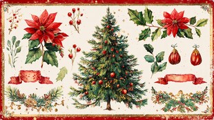 圣诞装饰元素复古插画集