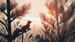 夕阳下松鼠栖于林间树梢