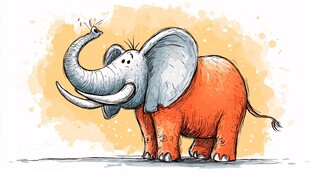 卡通橙色大象吹蒲公英