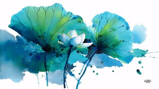 水墨风蓝绿荷叶荷花画作