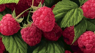 饱满树莓与翠绿叶片