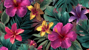 热带花卉与绿叶图案背景