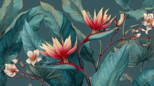 热带花卉与繁茂绿叶图景