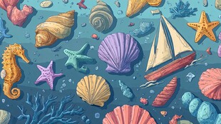 海底贝壳与海洋生物插画