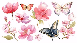水彩花卉与蝴蝶插画素材