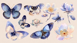 蓝调蝴蝶与花朵水彩插画