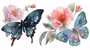 水彩花卉与蝴蝶插画