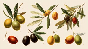 多彩橄榄插画与枝叶展示