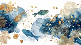 梦幻海洋水彩鱼藻图案