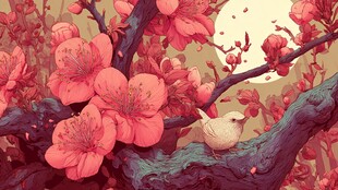 月夜下的繁花与栖息小鸟