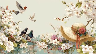 春日繁花飞鸟与草帽图景