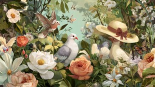 花丛中的帽子与飞鸟