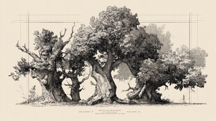 古老扭曲树木黑白素描图