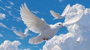 白鸽翱翔于蓝天云朵间