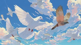 天空中展翅翱翔的白鸽