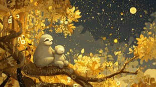 树杈上的树懒母子月夜相依