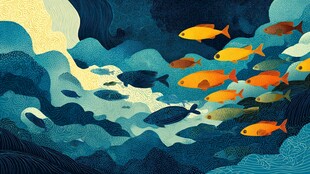 海洋中游动的多彩鱼群