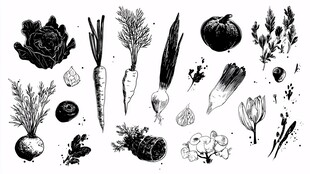 手绘黑白蔬菜草药集合图
