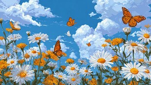 雏菊丛中蝶舞蓝天美景