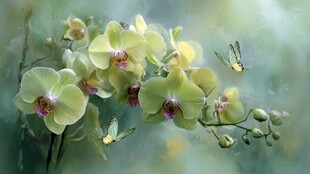 绿蝴蝶兰与飞舞蝴蝶图