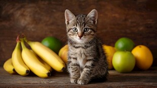 小猫与缤纷水果的温馨画面