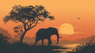 夕阳下独行的大象