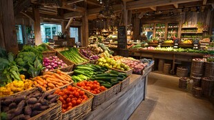 乡村风果蔬满架的生鲜店