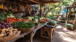 乡村露天蔬菜摊位景象