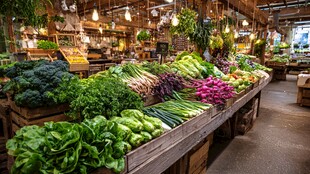 新鲜蔬菜摆满市场摊位