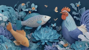 蓝调纸艺中的鱼鸡花卉世界
