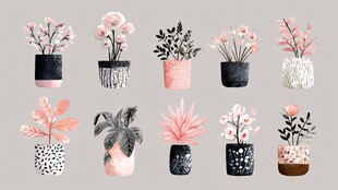 盆栽花卉插画 清新风格