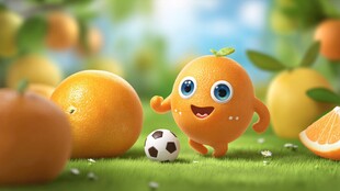 橙子卡通形象欢乐踢足球