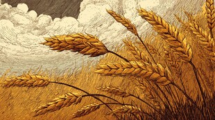 金黄麦浪与多云天空景象