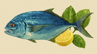 蓝色鲜鱼配柠檬绿叶