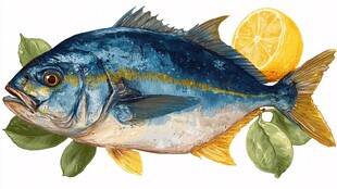 蓝鳍鲹配柠檬与绿叶