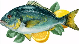 水彩绘鲜鱼配柠檬绿叶