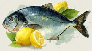 柠檬旁的鲜鱼水彩画