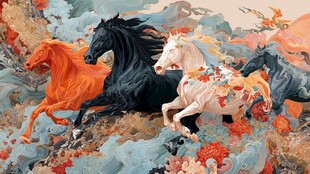 四骏奔腾绘就国风画卷