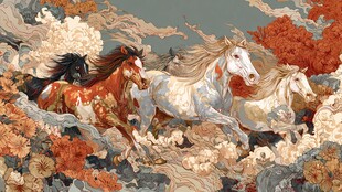 三骏奔腾于繁花云海间