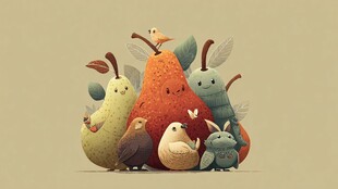 可爱水果与小鸟的温馨场景