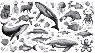 海洋生物黑白插画集合