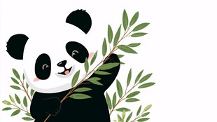 可爱熊猫手持翠绿竹叶