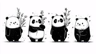 四只萌熊猫手持竹枝