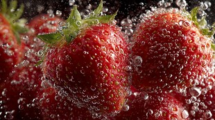 草莓在水中翻滚溅起泡泡