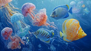 梦幻海底世界鱼类水母群游