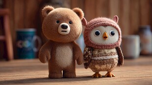 小熊与猫头鹰玩偶温馨相伴