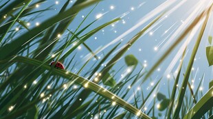 阳光下草叶上的瓢虫精灵