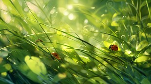 阳光下的绿草与瓢虫